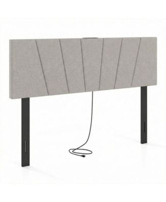 Queen and Full Size Geometric Upholstered Headboard with 2 AC Outlets USB and Type-C Ports