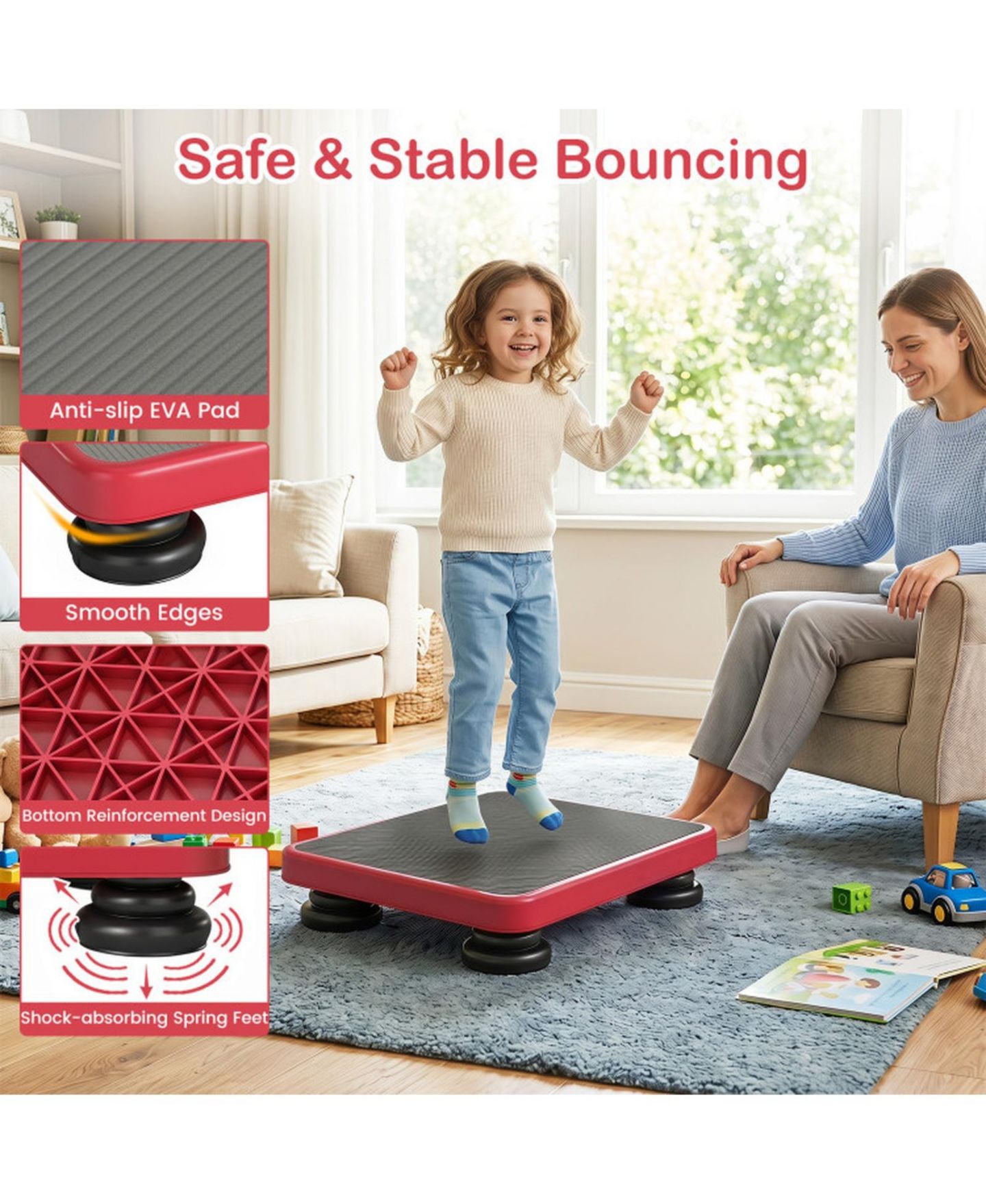 Детская игрушка SUGIFT Kids Rebounder 24" x 20" Bouncing Board with Elastic Rope, Ages 3+, цвет: Красный — фото 7