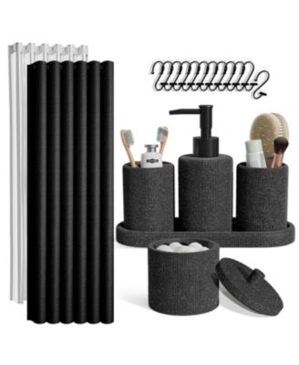 Complete Burlap Texture Polyresin Bathroom Decor and Accessory Set with Shower Curtain