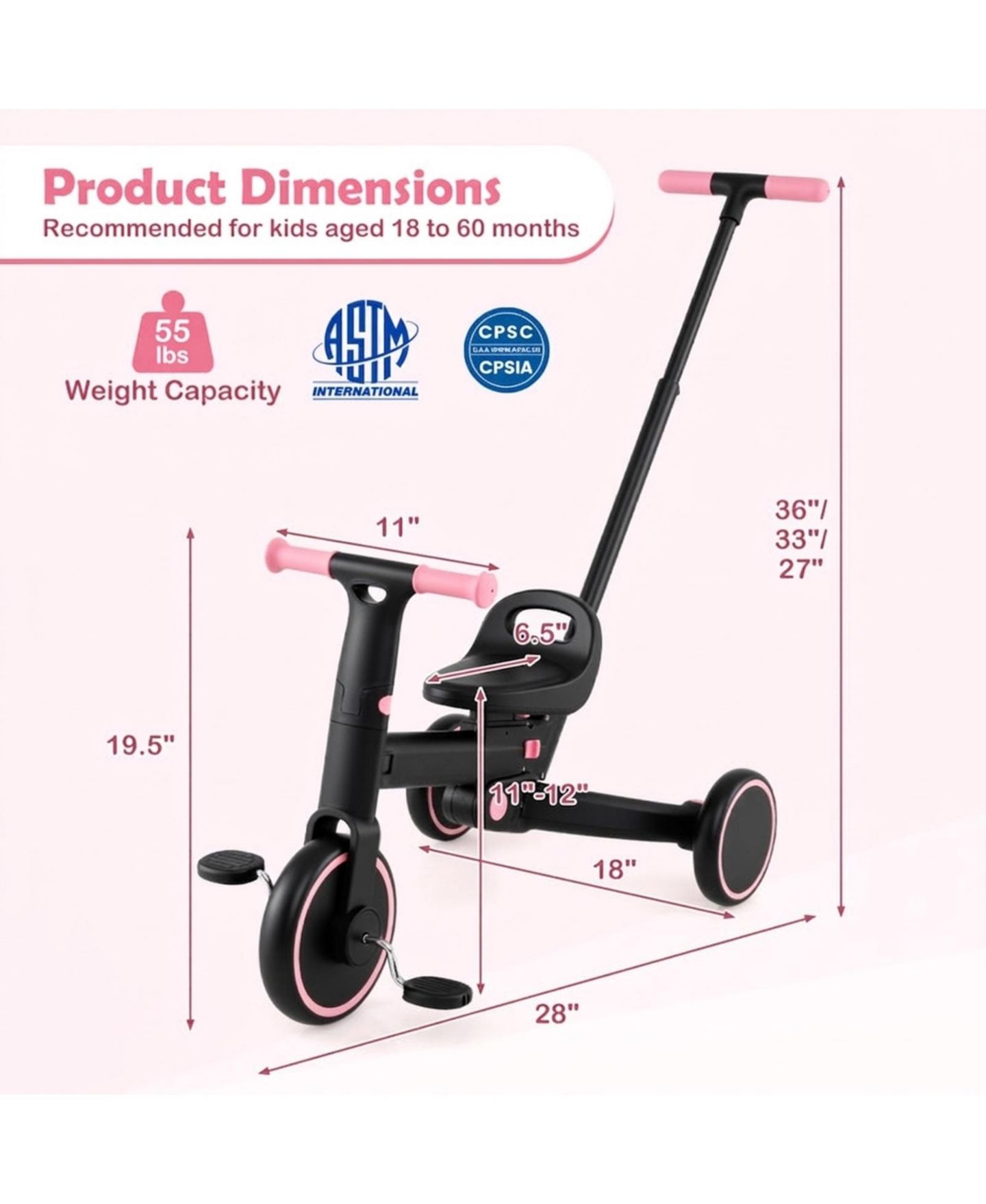Детская игрушка HONGGE 4-in-1 Foldable Toddler Trike with Parent Push Handle, 55 lbs Capacity, Ages 18 Months–5 Years, цвет: Чёрный / Розовый — фото 4