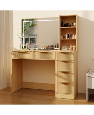 52" Fluted Makeup Vanity Desk with Mirror and Adjustable Lighting, Dressing Table with 6 Drawers, Glass Top, Open Shelves and Hairdryer Stand