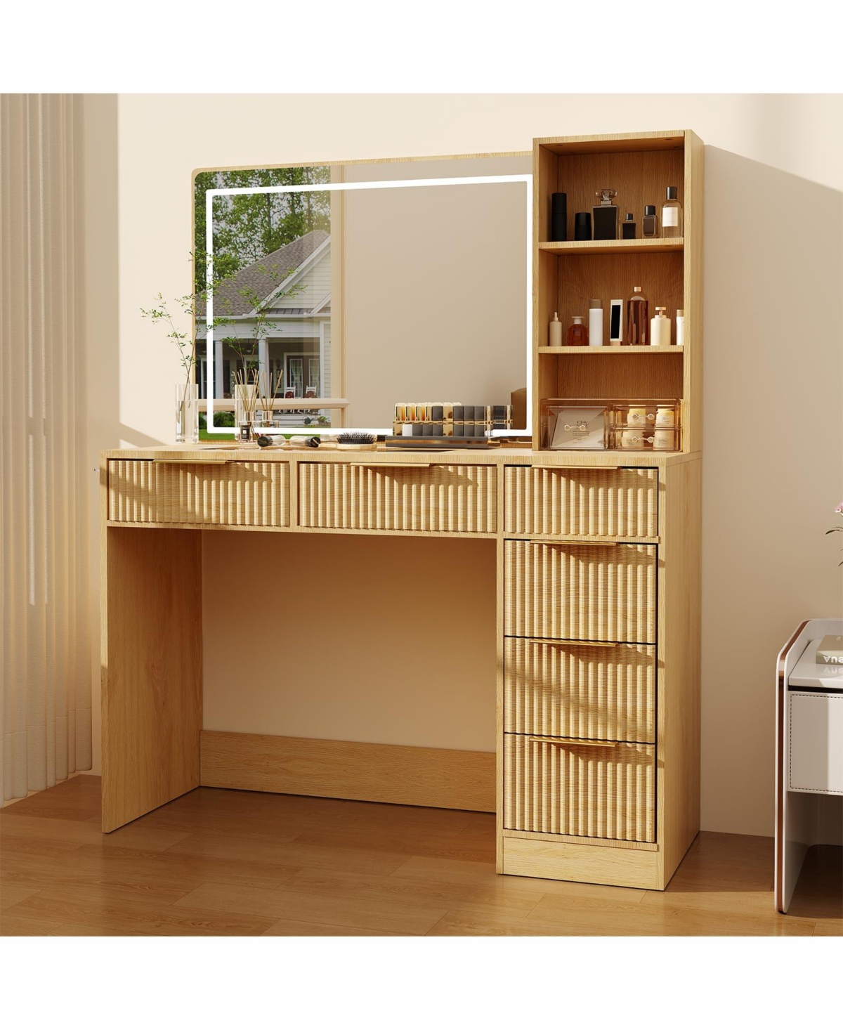 gaomon 52" Fluted Makeup Vanity Desk with Mirror and Adjustable Lighting, Dressing Table with 6 Drawers, Glass Top, Open Shelves and Hairdryer Stand