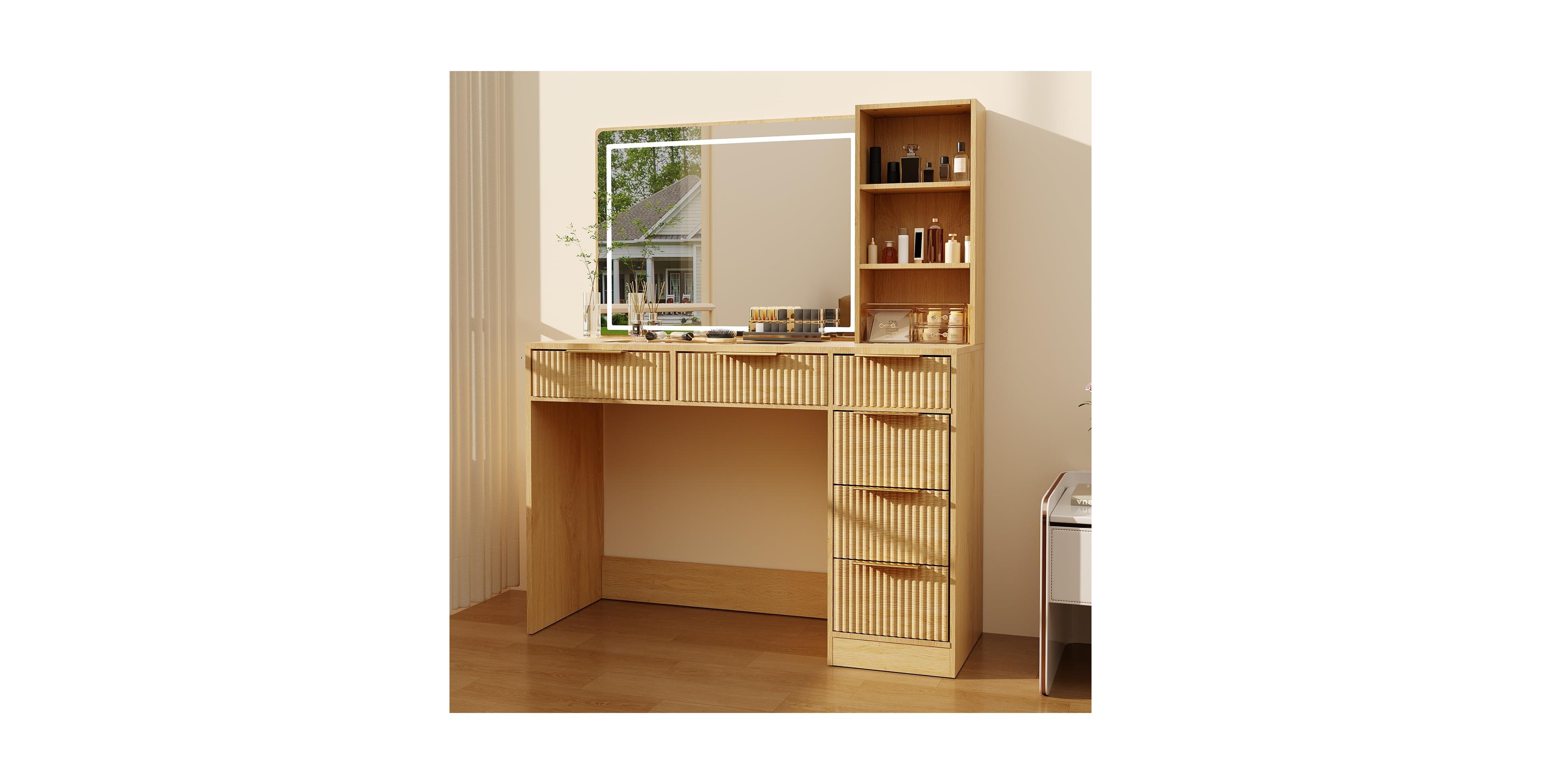 gaomon 52" Fluted Makeup Vanity Desk with Mirror and Adjustable Lighting, Dressing Table with 6 Drawers, Glass Top, Open Shelves and Hairdryer Stand