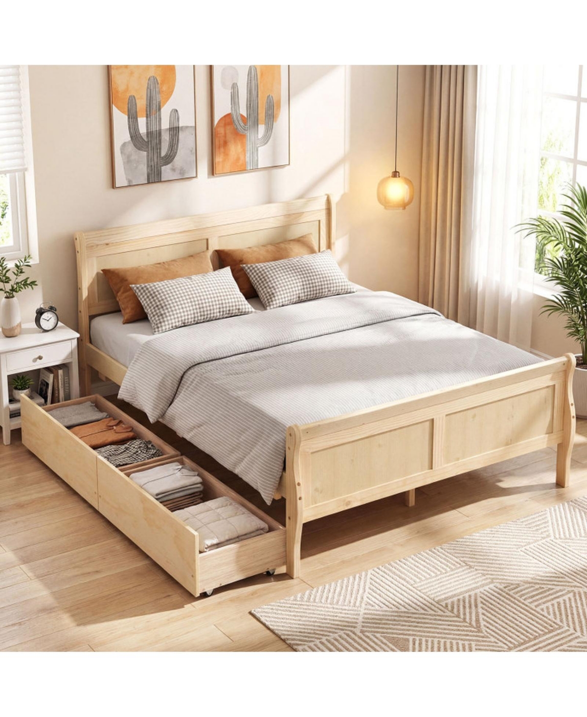 Sugift Full Size Sleigh Bed Frame with 2 Storage Drawers and Footboard for Kids Teens Adults