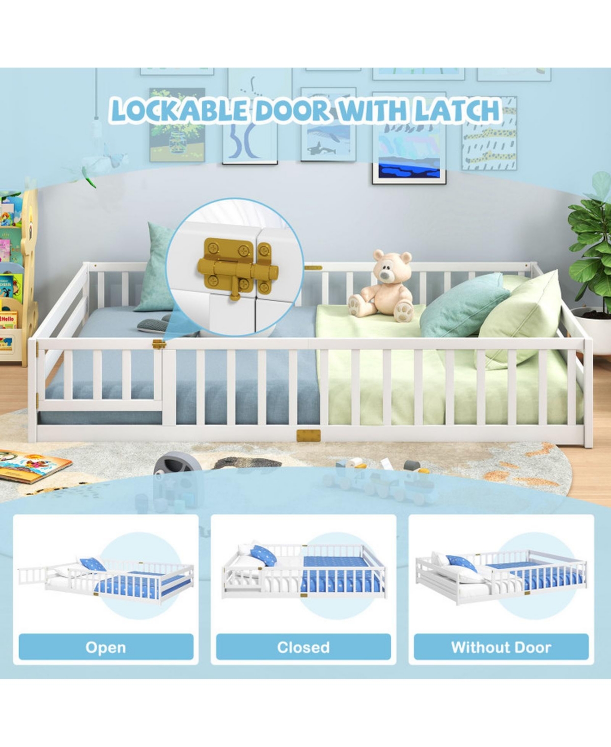 Sugift Queen Size Montessori Floor Bed Frame With Full Length Safety Guardrails For Kids