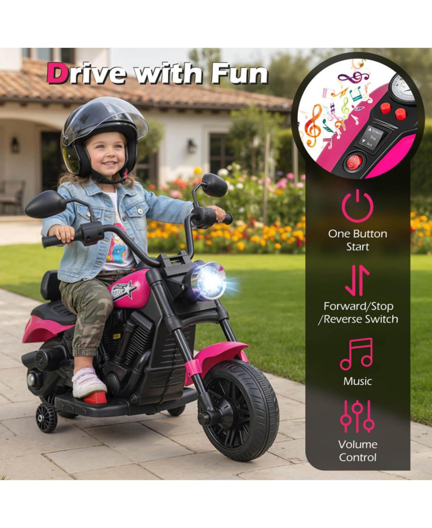 Детская игрушка HONGGE 6V Kids Electric Motorcycle with Headlight and Training Wheels, цвет: Розовый — фото 10