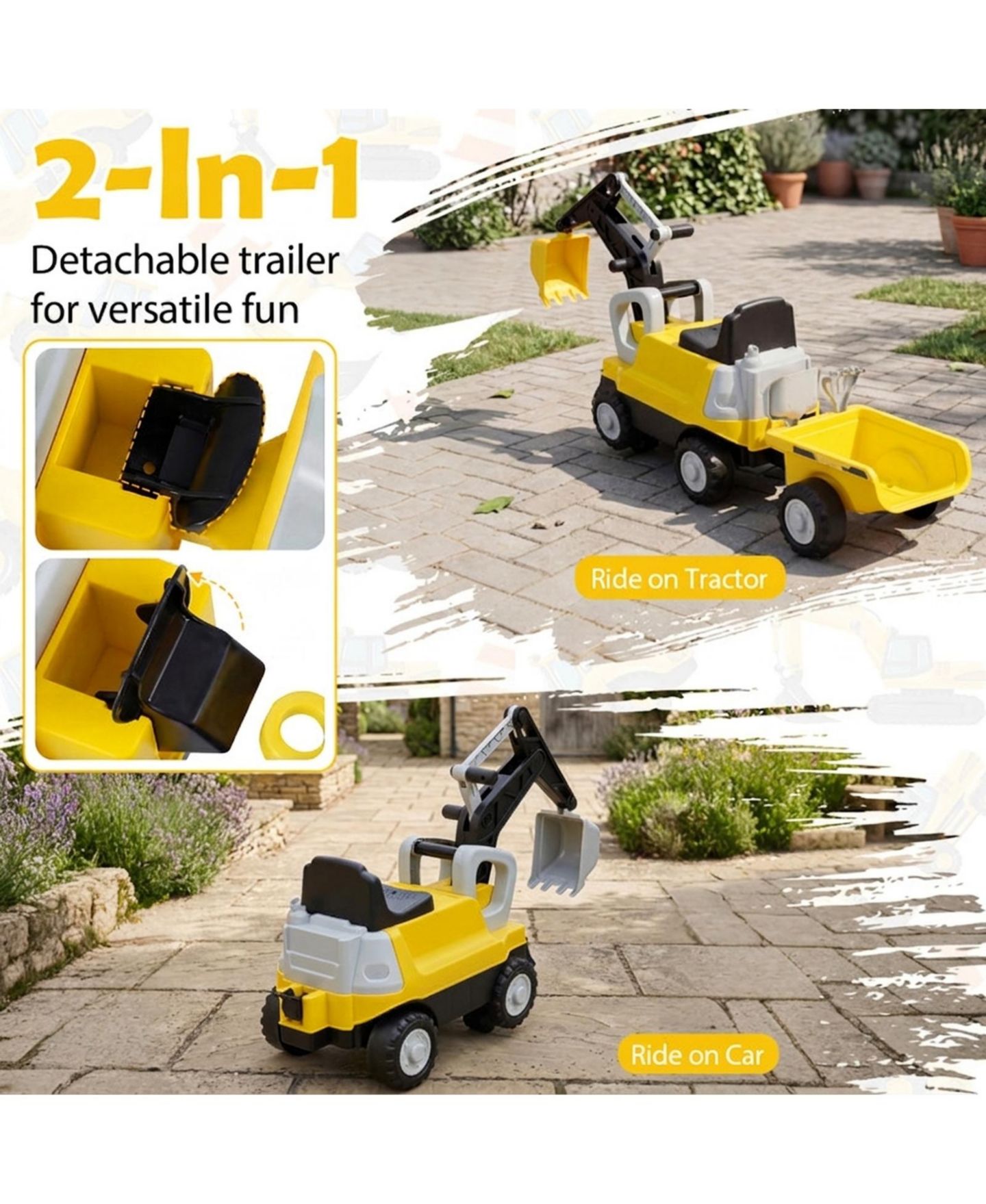 Детская игрушка HONGGE 2-In-1 Foot-to-Floor Ride-On Tractor with Digging Arm and Detachable Trailer, 50"L x 13"W x 23"H, 55 lb. Capacity, Ages 3+, цвет: Жёлтый — фото 7
