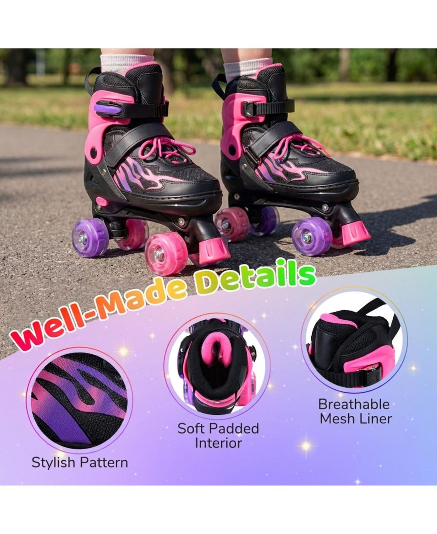 Детские игрушки HONGGE Teen Adjustable Quad Roller Skates with Light-Up Wheels, Ages 9+, цвет: Розовый — фото 6
