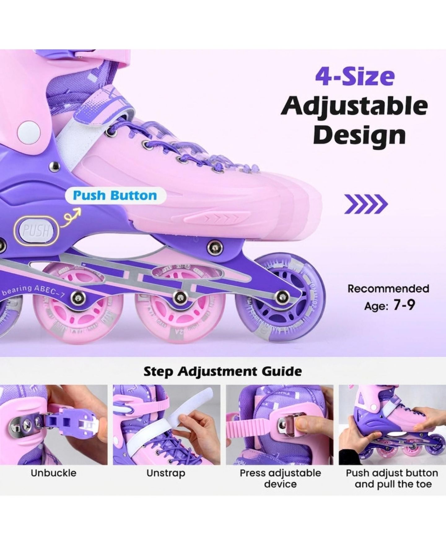 Детские игрушки HONGGE Adjustable Light-Up Kids Inline Skates, Ages 7+, цвет: Фиолетовый — фото 5