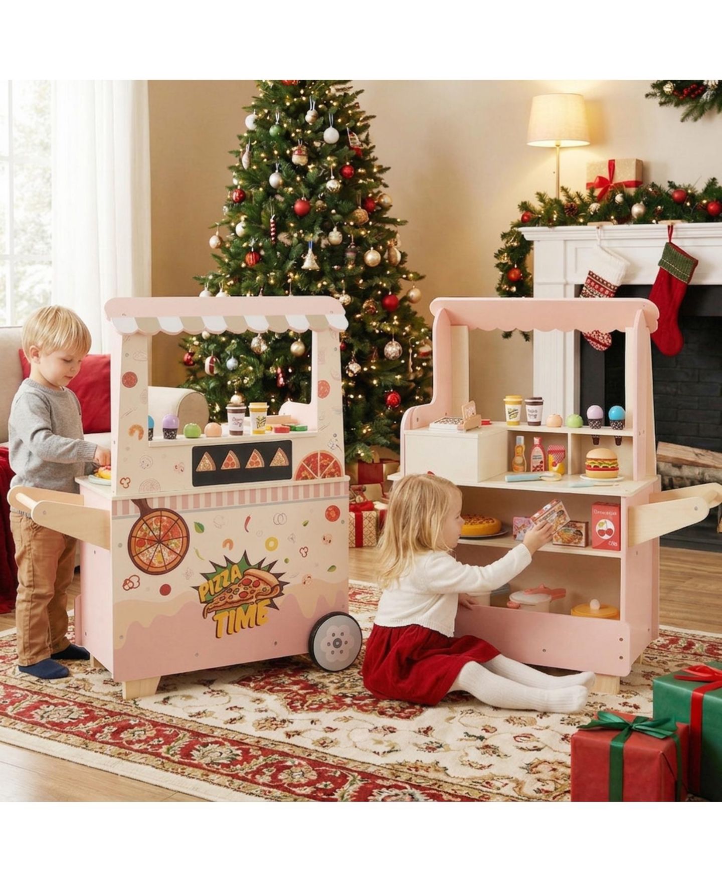 Детский игровой набор SUGIFT Pizza Food Truck Double-Sided Wooden 40-Piece Playset, Ages 3-6, цвет: Розовый — фото 2