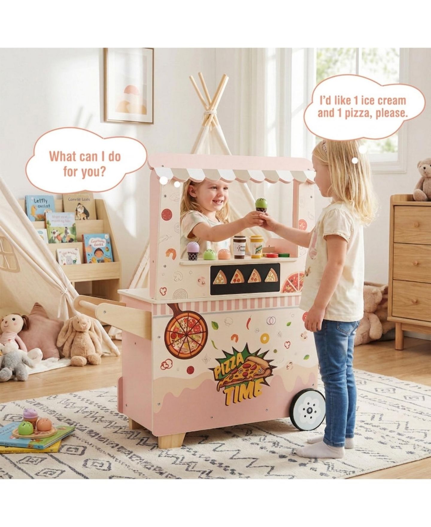 Детский игровой набор SUGIFT Pizza Food Truck Double-Sided Wooden 40-Piece Playset, Ages 3-6, цвет: Розовый — фото 10