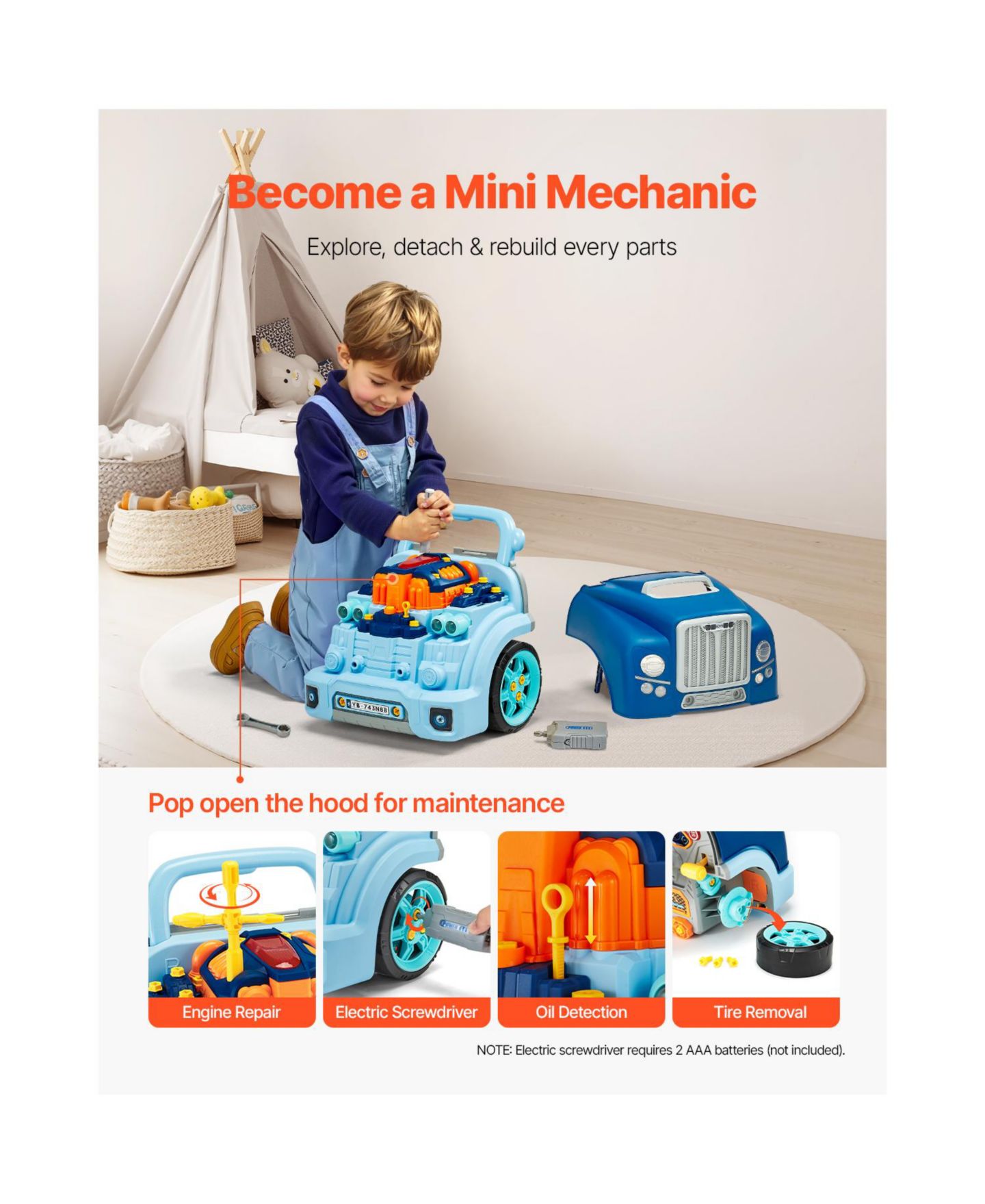 Детский игровой набор HONGGE Mechanic Engine Repair Electric Screwdriver 60-Piece Playset, Ages 3+, цвет: Синий — фото 3