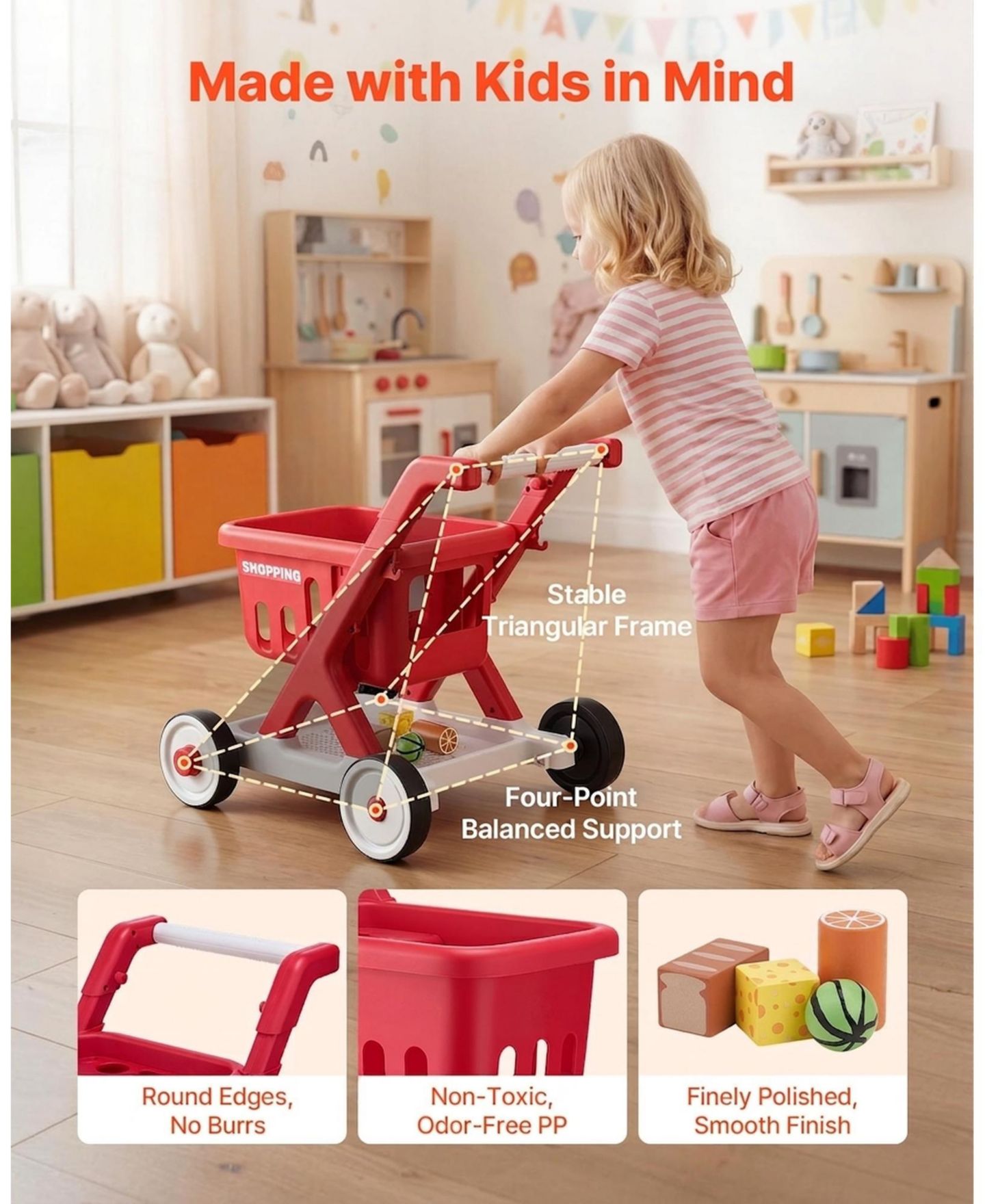 Детская игрушка HONGGE Scan and Sort Kids Shopping Cart with Pretend Food Light-Up Scanner and Adjustable Handle Ages 2 Plus, цвет: Красный — фото 8