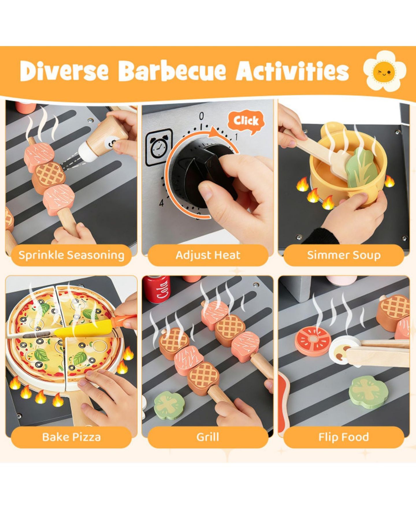 Детский игровой набор SUGIFT Wooden Barbecue Grill Playset with Grilling Tools and Play Food, Ages 3+, цвет: Серый — фото 7