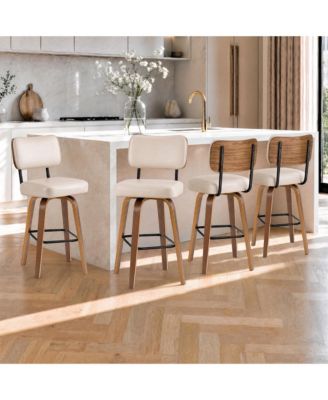 Set of 4 26" Beige Faux Leather Swivel Counter Stools with Back and Bentwood Legs
