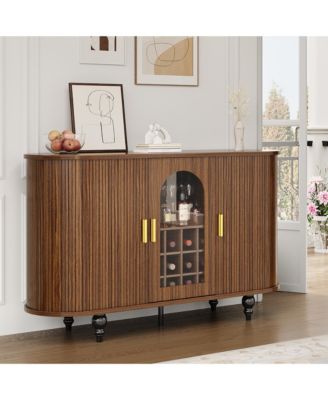 55" Mid-Century Bar Cabinet with Sliding Door, Detachable Wine Rack and Glass Holder