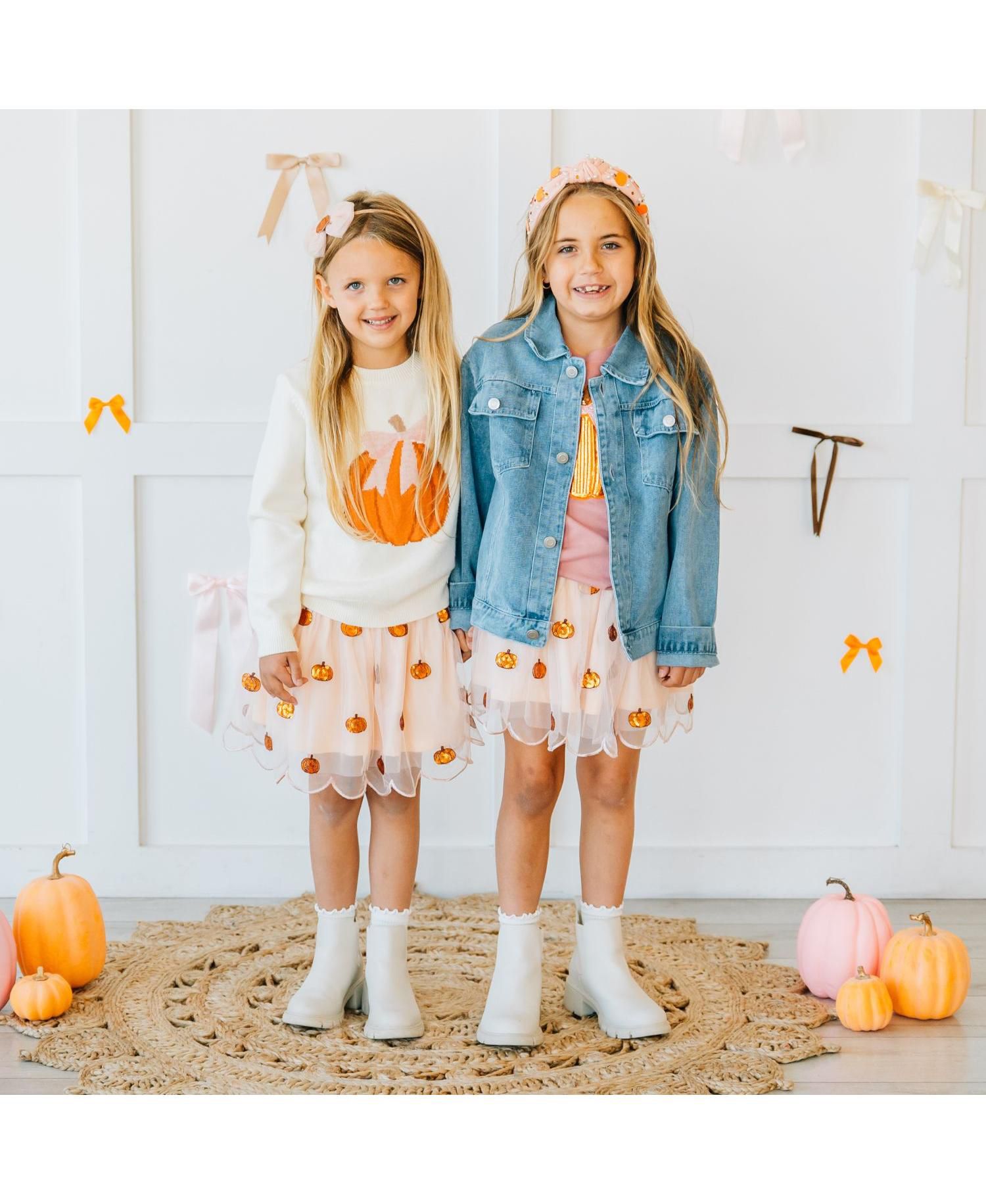 Little Girls Coquette Pumpkin Sequin Patch Denim Jacket