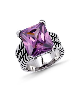 Emerald Cut Cubic Zirconia Center Stone Oxidized Twist Rope Band Statement Ring