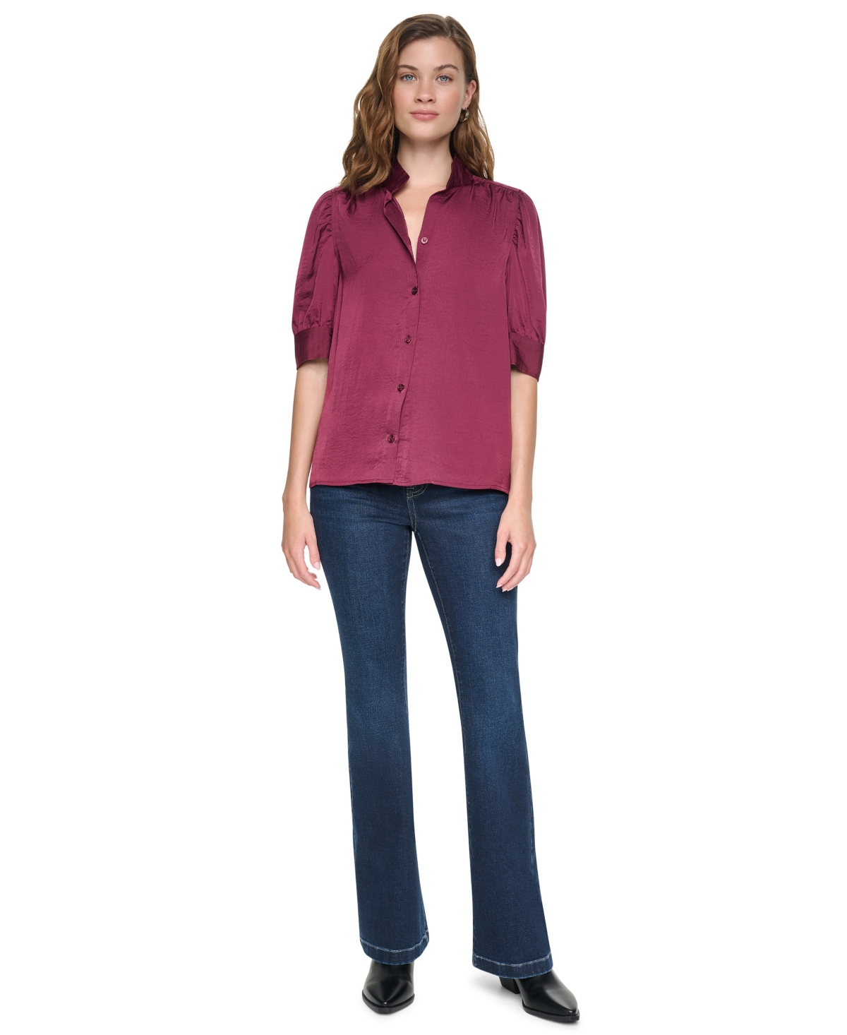 Dkny Jeans Women's Stand Collar Puff-Sleeve Shirt