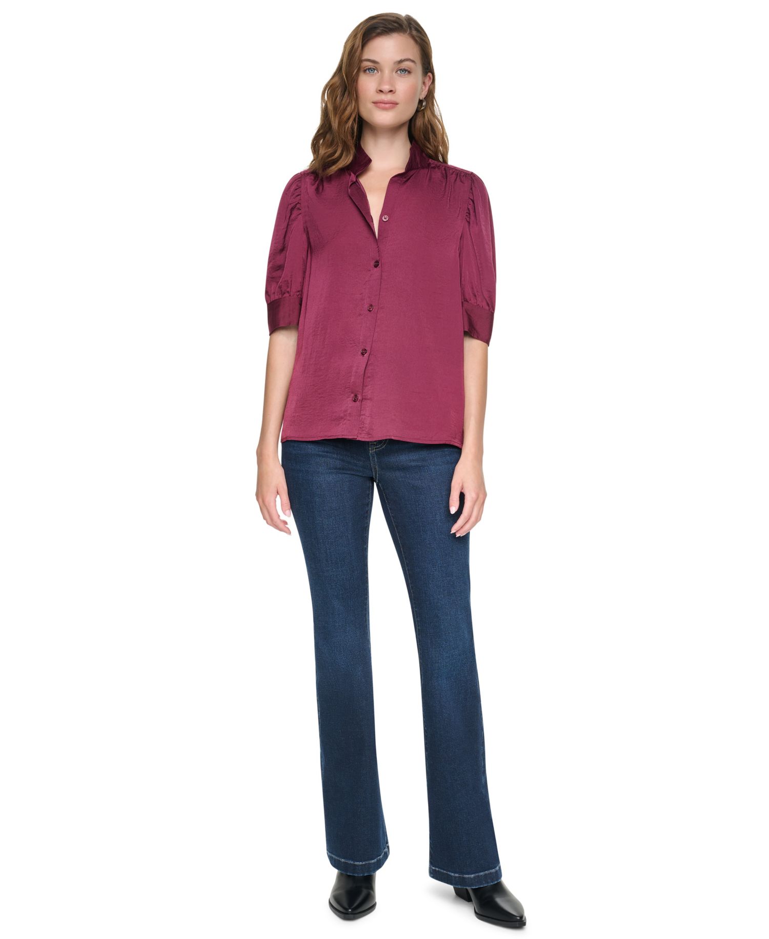 Women's Puff Sleeve Shirt With Stand Collar