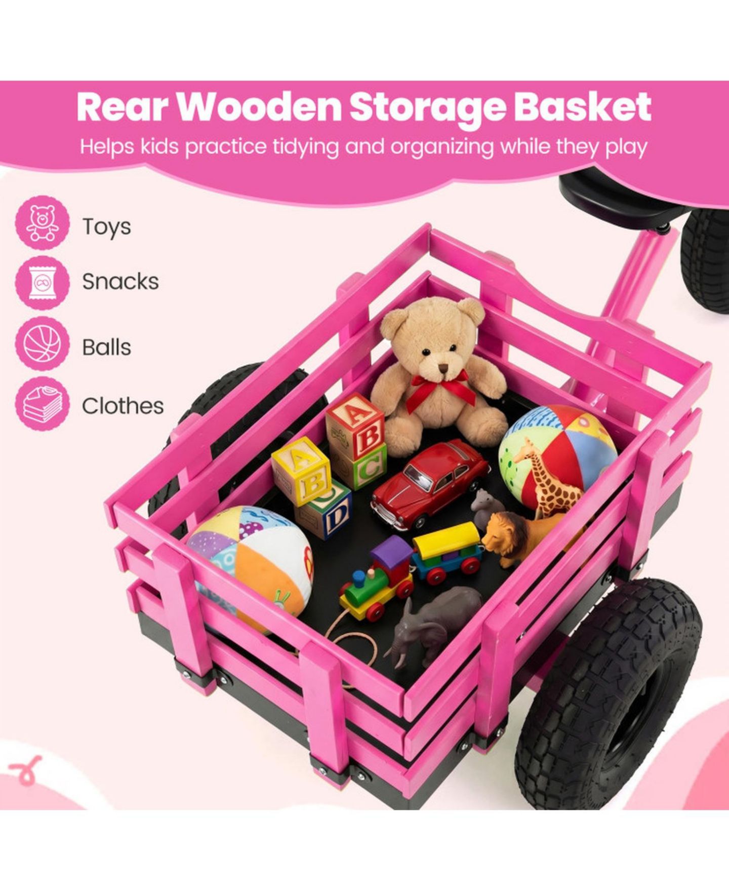 Детская игрушка HONGGE Kids Tricycle with Inflatable Rubber Tires and Wooden Basket, 200 lbs Capacity, Ages 3+, цвет: Розовый — фото 8