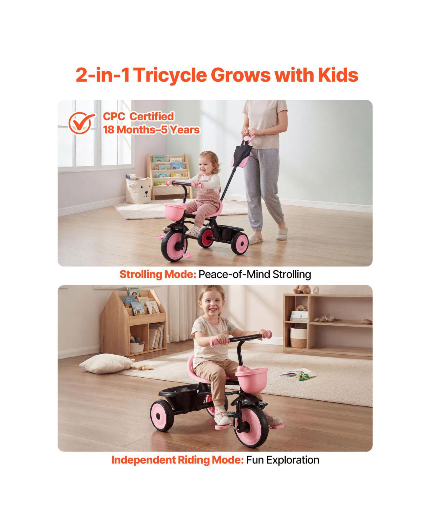 Детская игрушка HONGGE 2-Mode Toddler Tricycle and Stroller Combo with Parent Push Handle and Adjustable Seat, Up to 55 lbs, Ages 18 Months to 5 Years, цвет: Розовый — фото 7