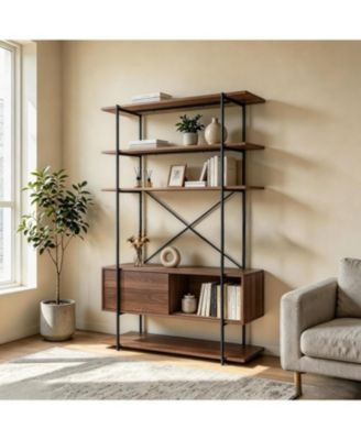 5-Tier Industrial Bookshelf with Cabinet, Rustic Wood and Metal Bookcase for Home Office Living Room  
