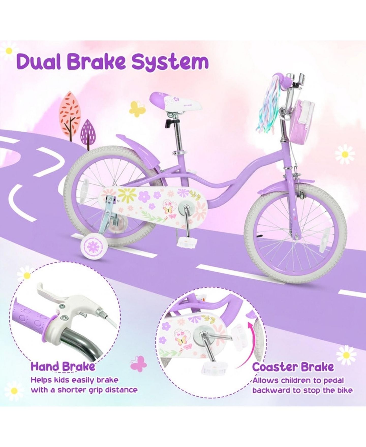 Детские игрушки HONGGE Adjustable 18-Inch Girls Bike with Front Storage Bag, цвет: Фиолетовый — фото 5