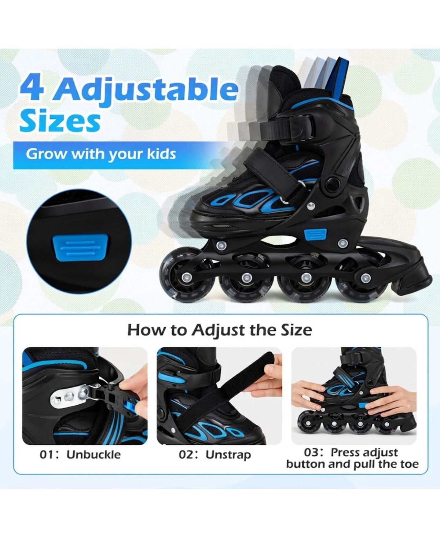 Детские игрушки HONGGE Adjustable Kids Inline Skates, US 10C-13C, Triple Safety Closure, Illuminating Wheels, Ages 5-7, цвет: Чёрный / Синий — фото 4