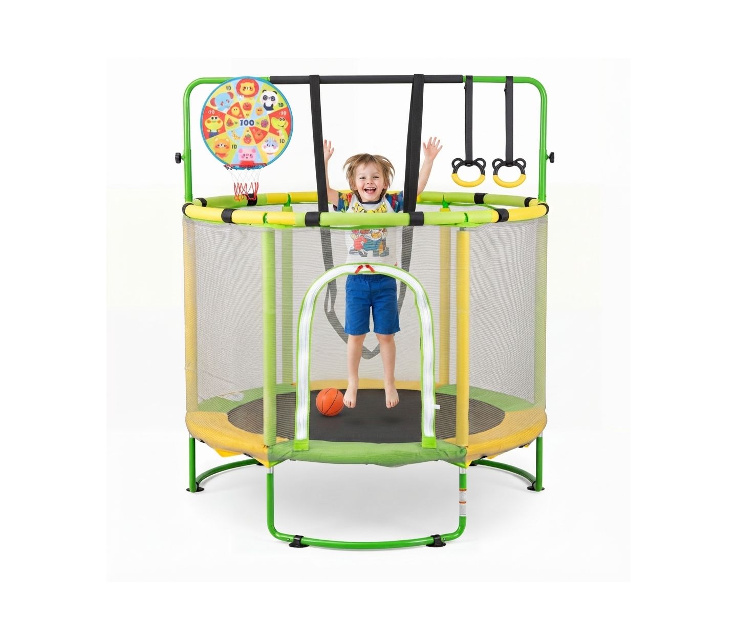 Детская игрушка HONGGE 55-Inch Kids Trampoline with Adjustable Gymnastics Bar, Basketball Hoop and Dart Board, 120 lbs Capacity, Ages 3+, цвет: Жёлтый — фото 3