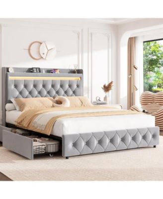 Queen Size Gray Velvet LED Platform Bed with Storage Headboard, Charging and 2 Drawers