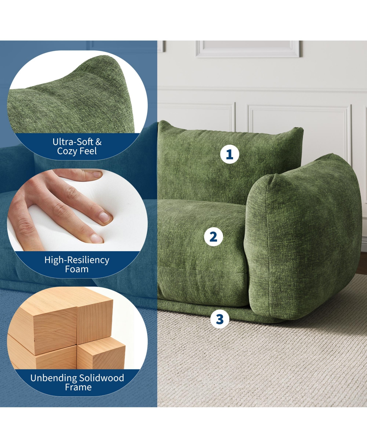 homfan Loveseat Sofa, Cloud Couch with 23.2" Deep Seat, Chenille Fabric Modern Sofa Set with High Resilience Sponge for Living Room, Apartment