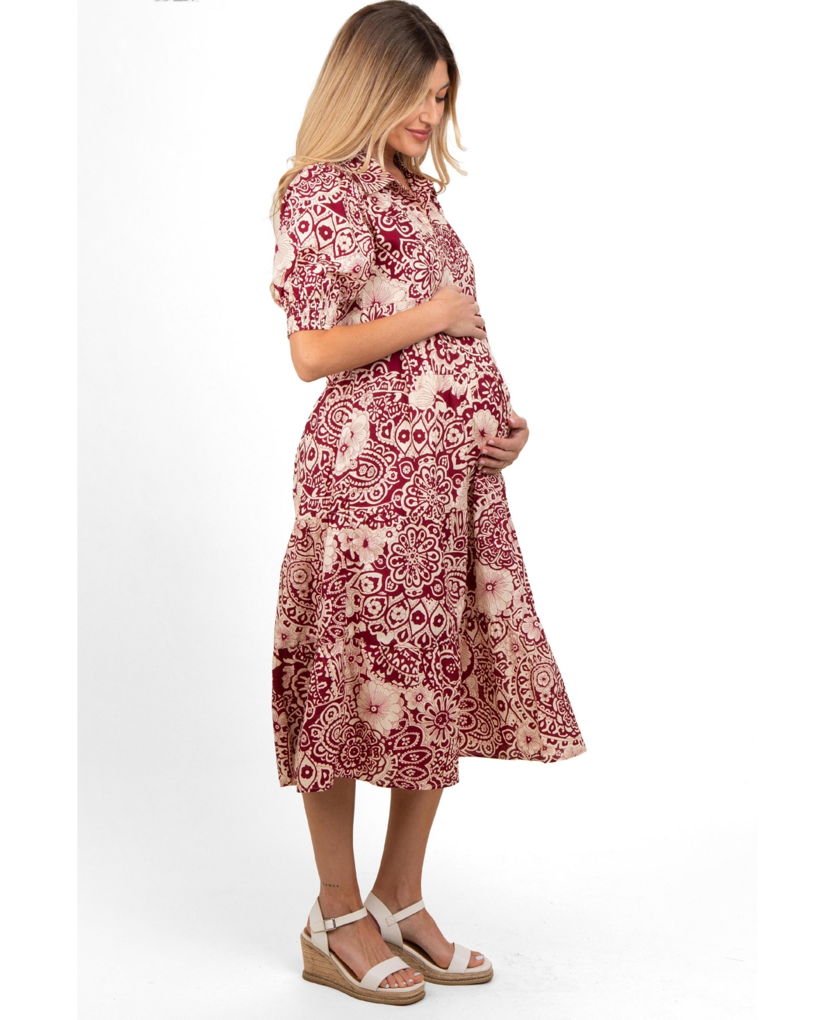 Pinkblush Women's Burgundy Floral Collared Tiered Midi Dress