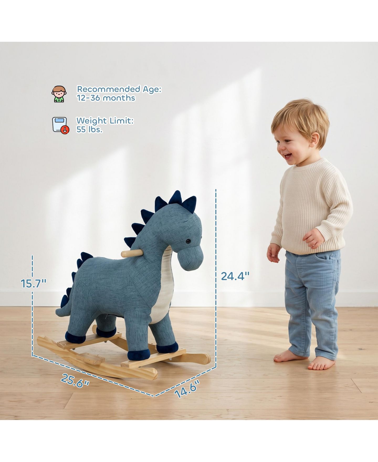Детская игрушка Qaba Dinosaur Rocking Horse with Realistic Sound, 25.6"L x 14.6"W x 24.4"H, Ages 12-36 Months, цвет: Синий — фото 3