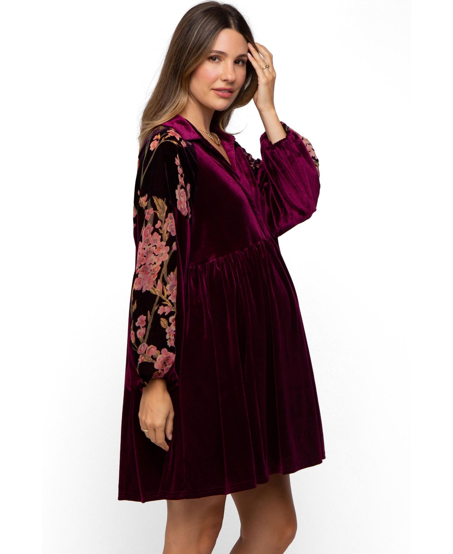 Maternity Velvet Floral Long-Sleeve Dress