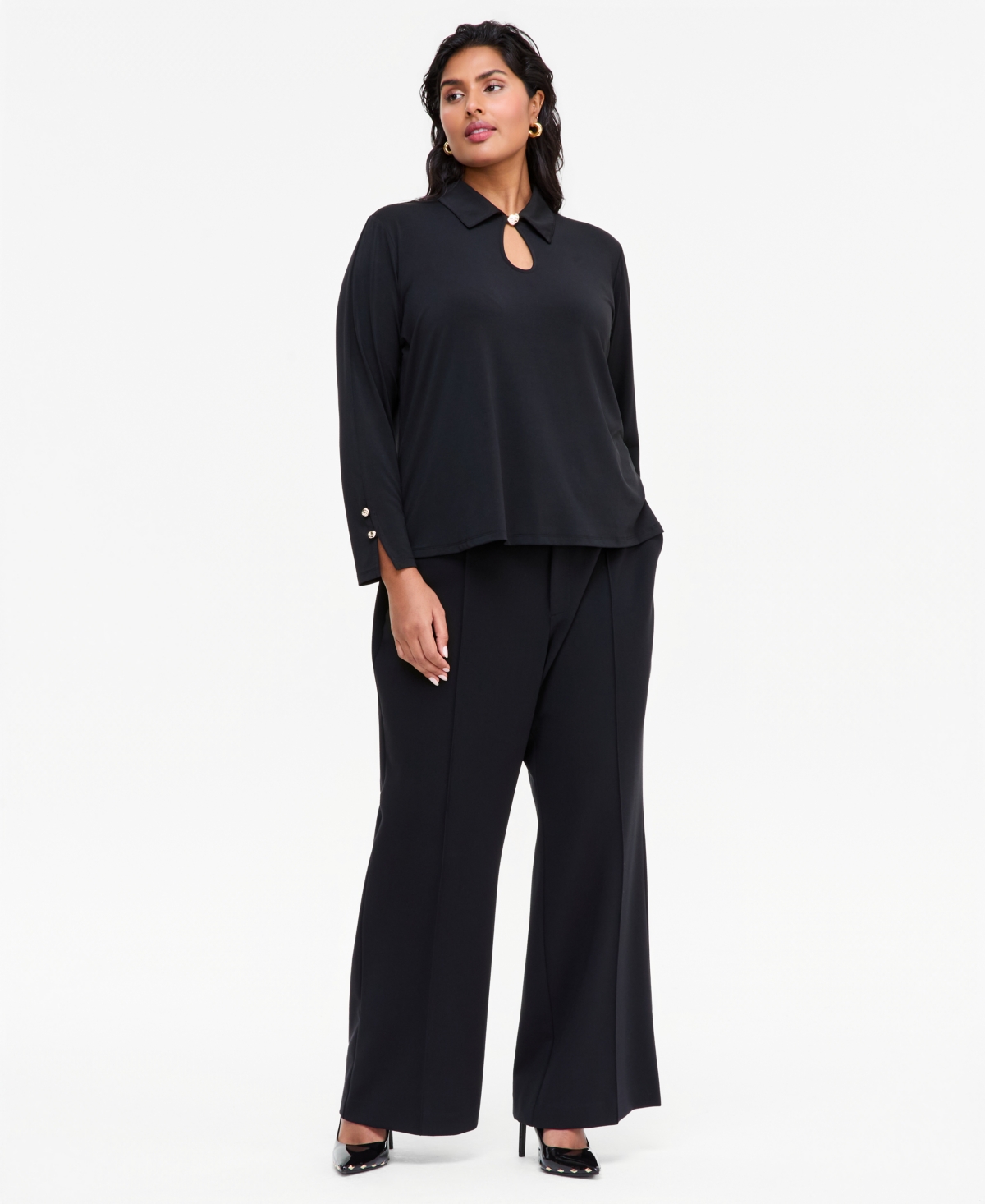 I.n.c. International Concepts Plus Size Long-Sleeve Collared Keyhole Hardware Blouse, Macy's Exclusive