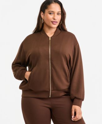 Plus Size Zip-Up Ribbed-Cuff Bomber Jacket