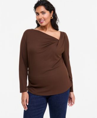 Plus Size Drape Cowl Long-Sleeve Blouse