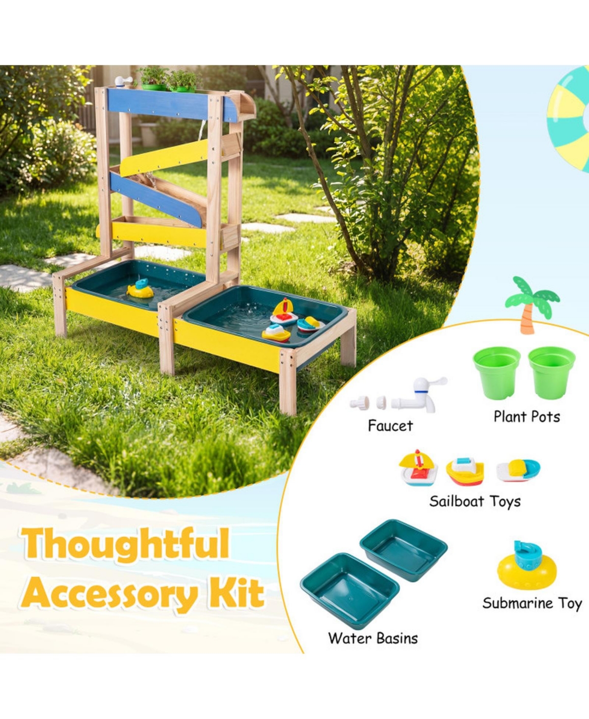 Hongge 3-in-1 Toddler Splinter-Free Fir Wood Dual-Basin Sand and Water Table, Ages 3+