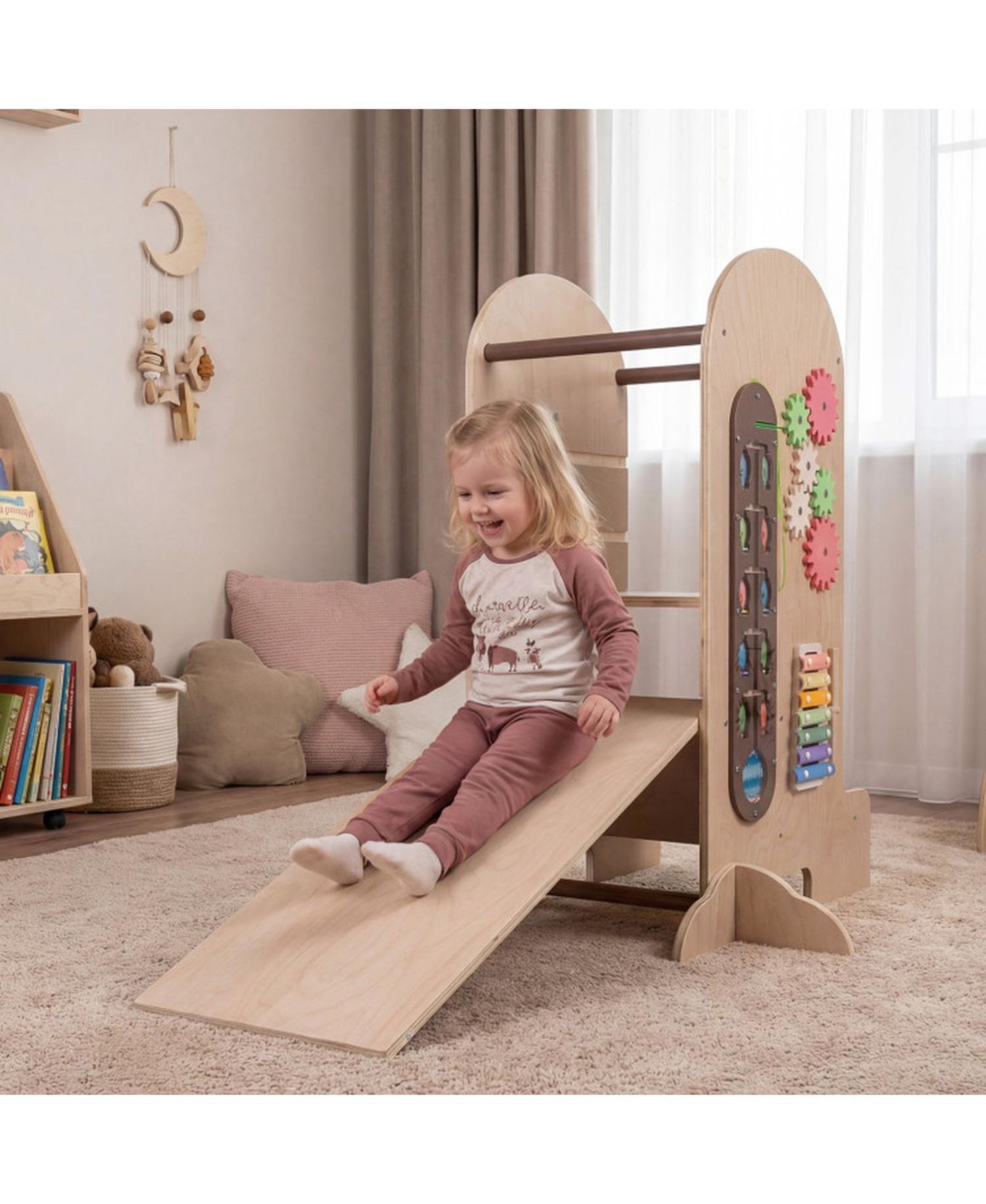 Kids 4-in-1 Adjustable Standing Tower with Chalkboard Slide and Montessori Games