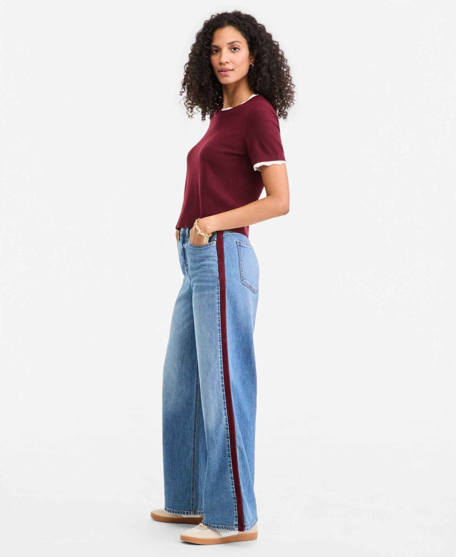 Women's High-Waisted Wide-Leg Suede Side-Stripe Jeans, Regular & Short