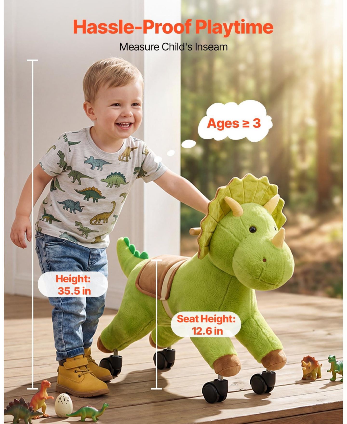 Детская игрушка HONGGE Kids Ride-On Dinosaur Toy with 360 Degree Caster Wheels, 88 lb Capacity, Ages 3+, цвет: Зелёный — фото 3