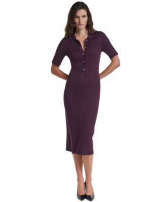 Women's Tiered Ribbed-Knit Collared Midi Sweater Dress