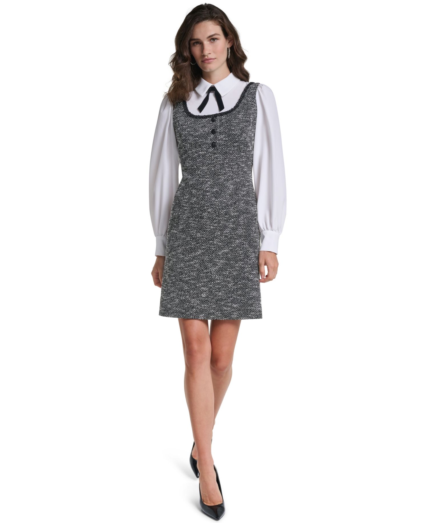 Women's Two-Tone Tweed Collared Long-Sleeve Shift Dress