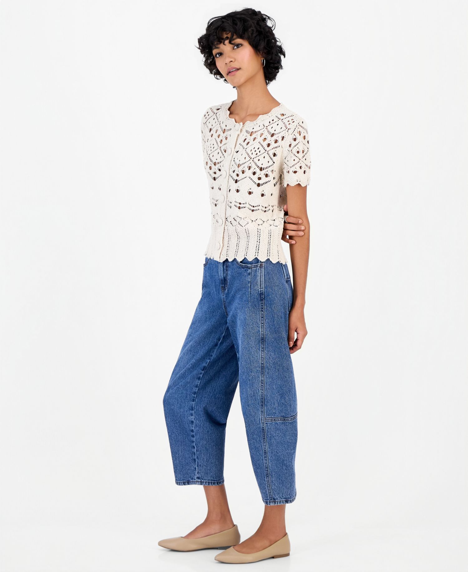 Petite Pointelle Short-Sleeve Scalloped-Trim Cardigan