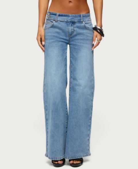 Женские джинсы Edikted Dale Low-Rise Straight-Leg Stretchy Jeans, 31" Inseam, цвет: Светлый синий потёртый