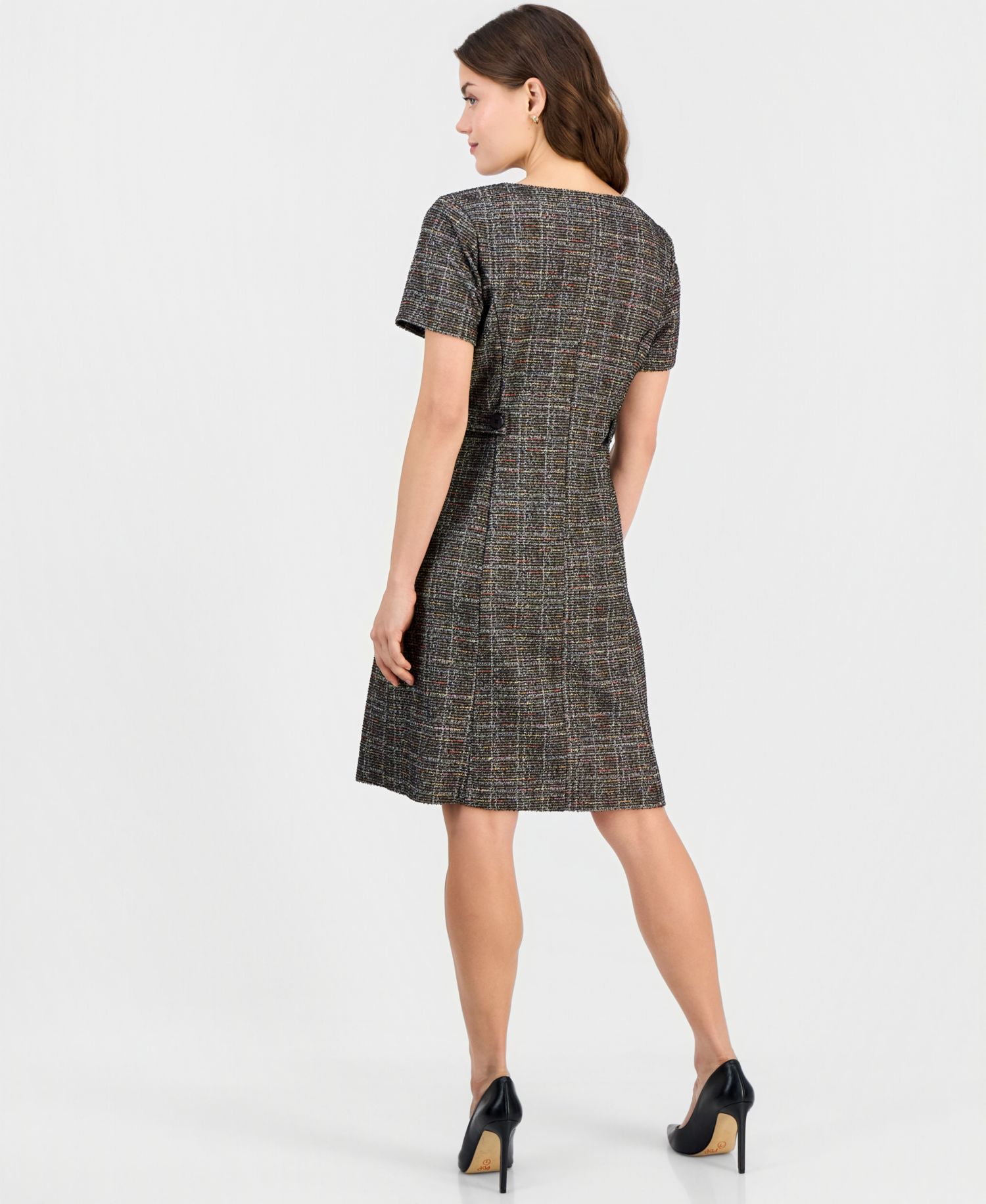 Petite Tweed Plaid Short-Sleeve Shift Dress