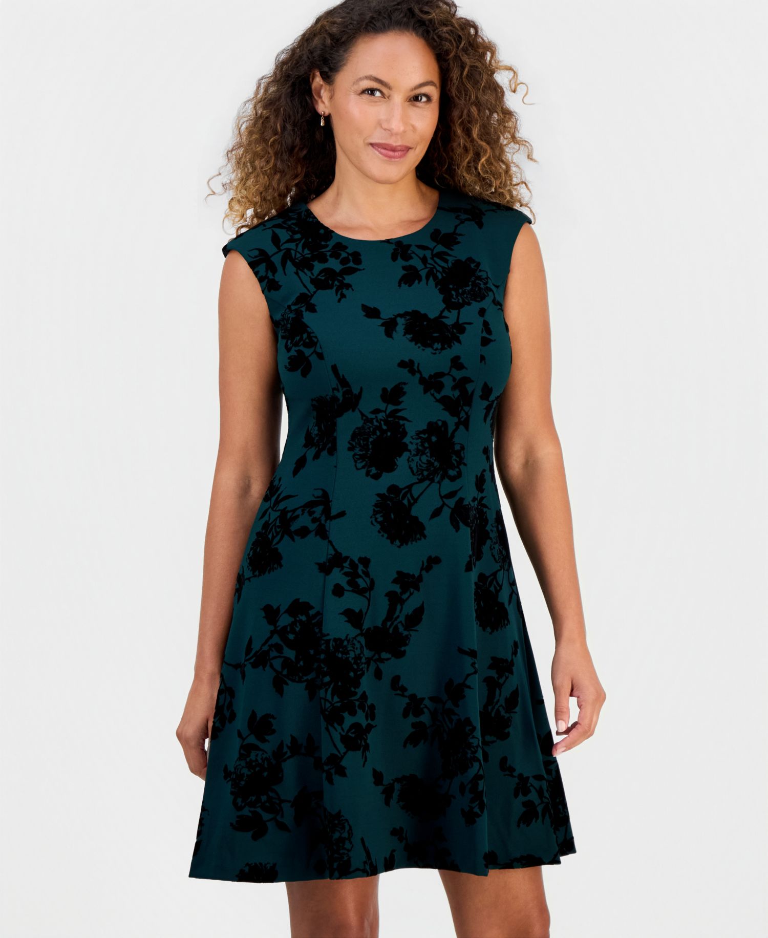 Petite Wedding Guest Floral-Print Flocked Dress