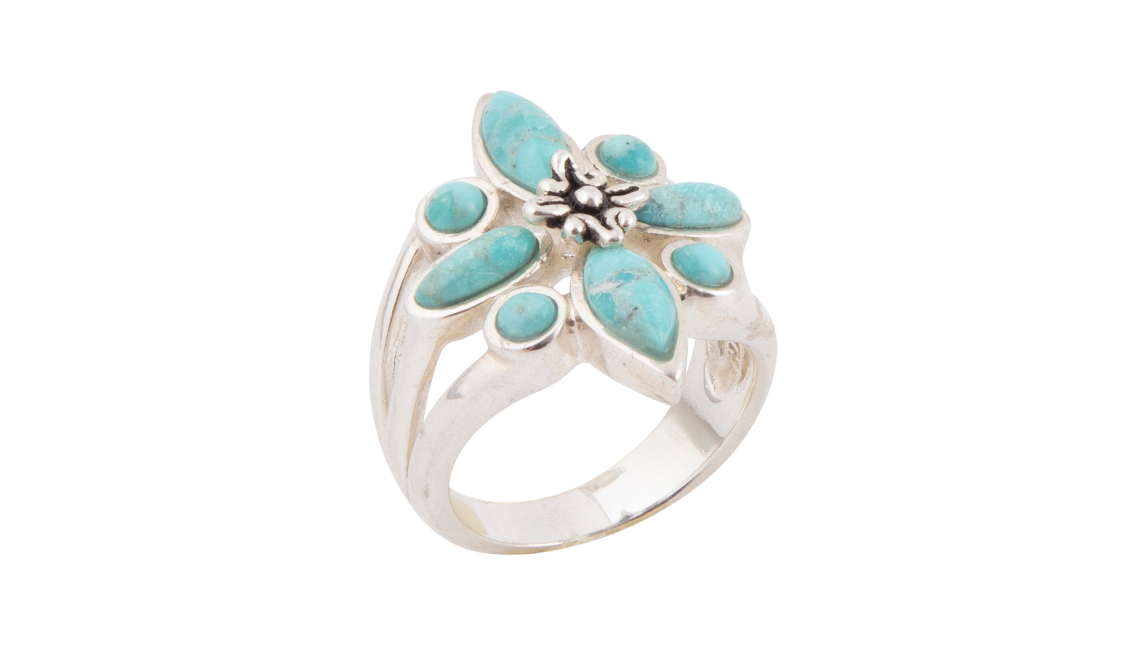 Barse Floral Blue Turquoise and Silver Statement Ring