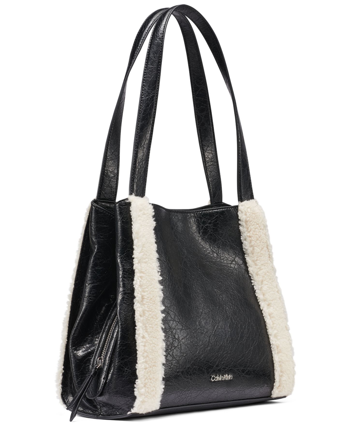 Женская сумка Calvin Klein Masie Faux Leather and Sherpa-Trim Medium Tote, цвет: Чёрный / Серебряный — фото 3
